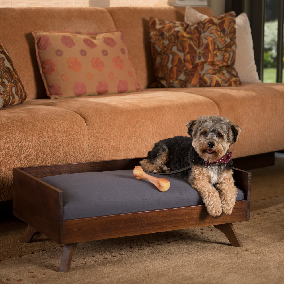 GDF Studio Dorel Mid Century Acacia Wood Dog Bed With Water Resistant Cushion