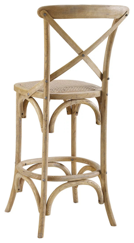 Unique Counter Stool, Elm Wood Construction With X-Shaped Backrest, Gray Wash