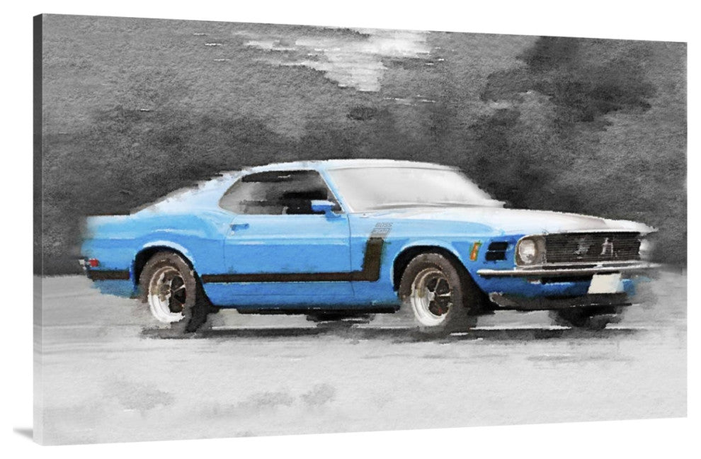 "1970 Ford Mustang Boss Blue Watercolor" Fine Art Print
