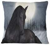 Black Horse in Moonlight Animal Throw Pillow, 18"x18"