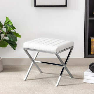 Channel-Tufted Faux Leather X Bench, White