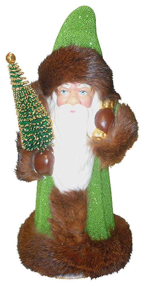 Schaller Paper Mache Candy Container- Santa Beaded Green Coat