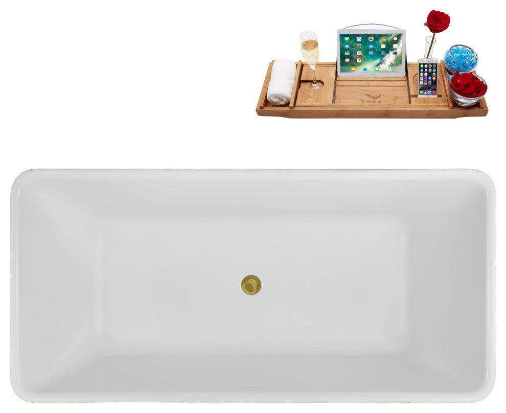 59" Streamline N5000BGL Soaking Freestanding Tub, Tray, Drain, Brushed Gold