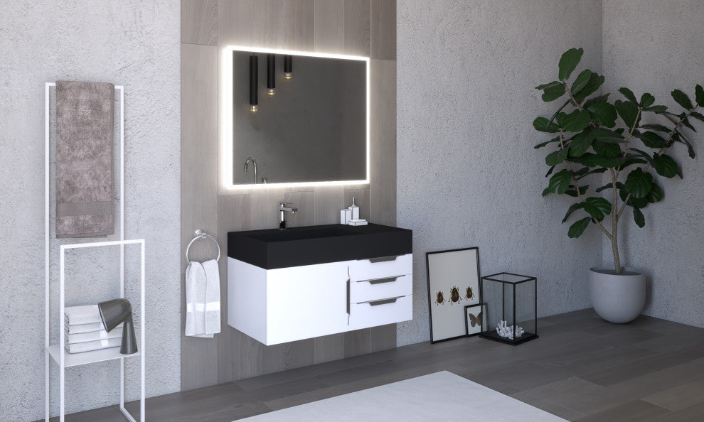 CastelloUSA Amazon 36" Wall Mount Vanity Set, White, Black Top, Chrome Handles
