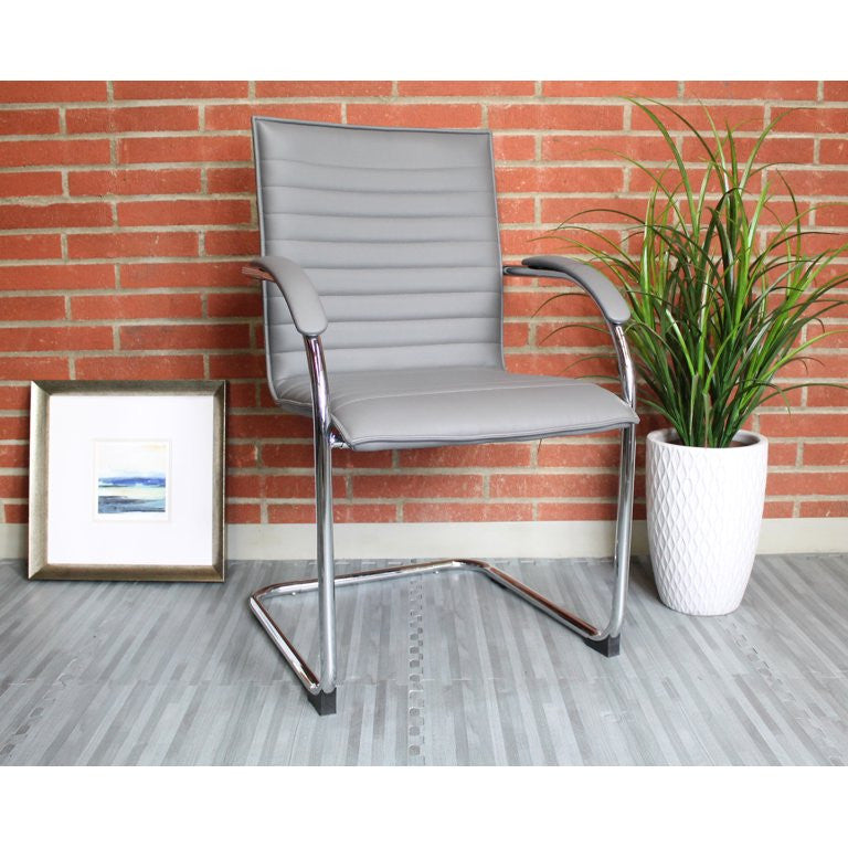 Modern Office Side Chair, Cantilever Chrome Base & Channel PU Leather Seat, Gray