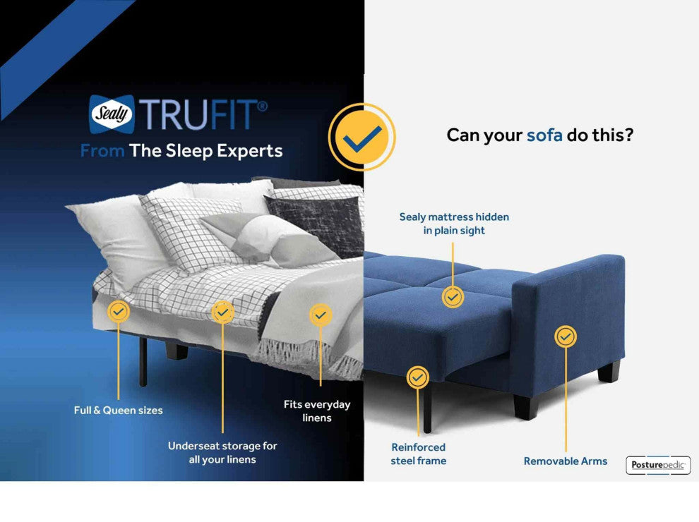 Sealy TruFit Klein Queen Dropback Sofa Bed Convertible, Silver