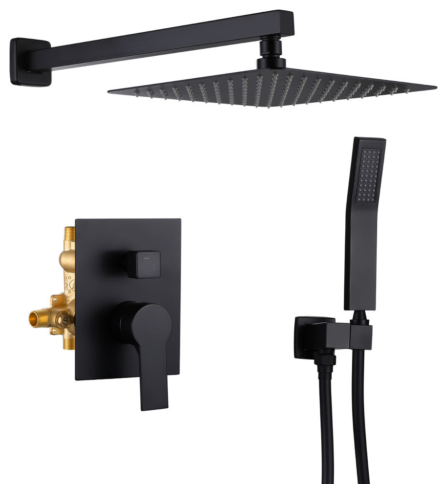 Wellfor Shower Faucet, 10" Rain Shower Head With Handheld Combo Set and Valve, Black
