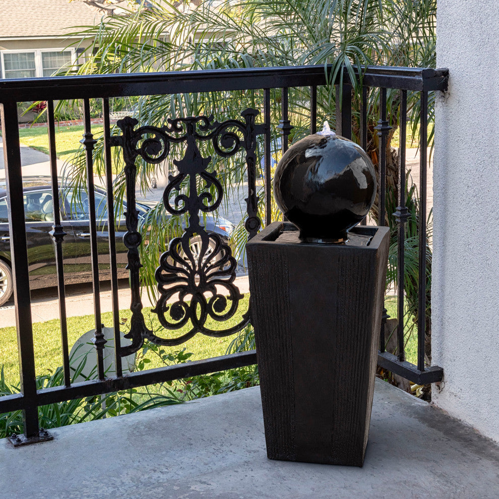 Alpine Modern Sphere Pedestal Fountain With LED Light, Black Finish, 33" Tall