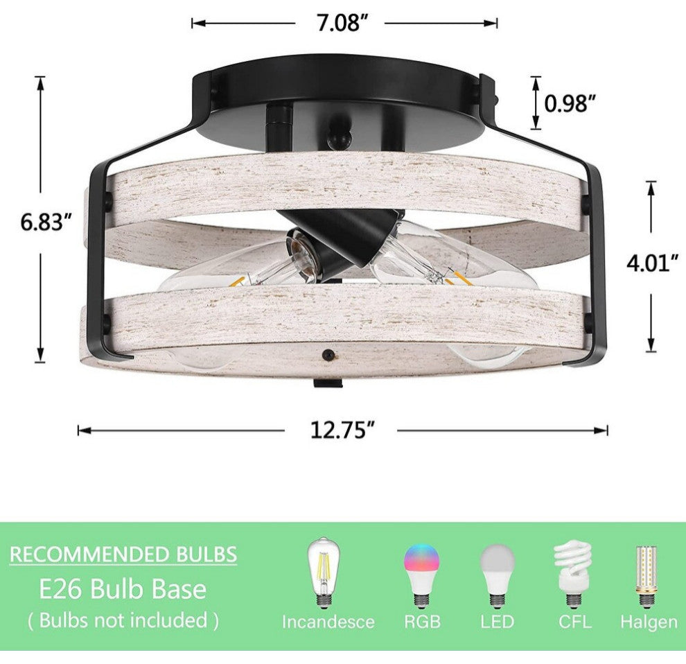 2 Light Drum Ceiling Light Fixture, Farmhouse, Flush Mount