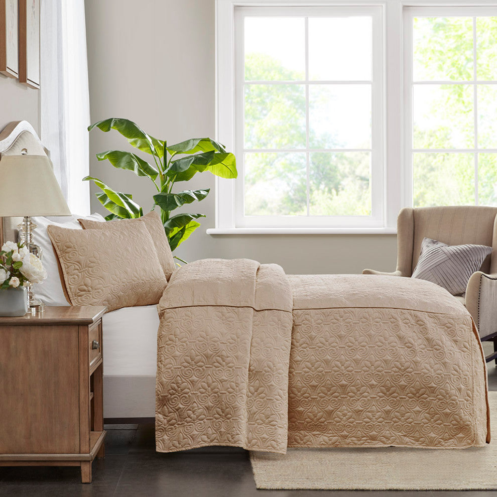 Madison Park Quebec 3 Piece Fitted Bedspread Set, Khaki
