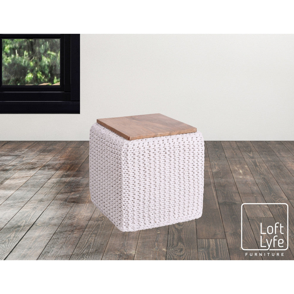 Loft Lyfe Roxy Ottoman, Hand Knitted, Wooden Tray, Cotton Yarn, White