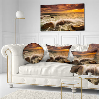 Rushing Ocean Waves into Rocks Seascape Throw Pillow, 12"x20"