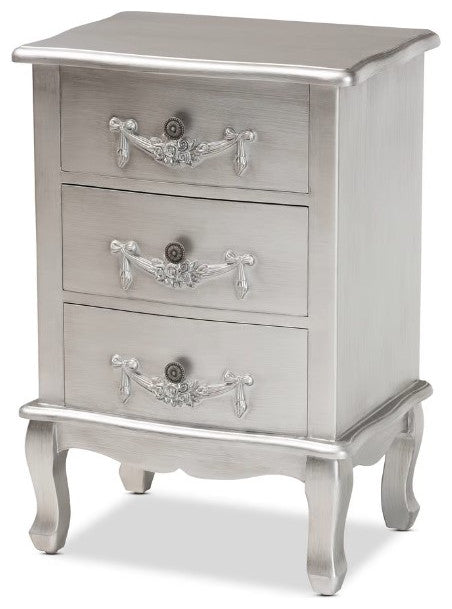 Classic and Traditional Brushed Silver Finished Wood 3-Drawer Nightstand