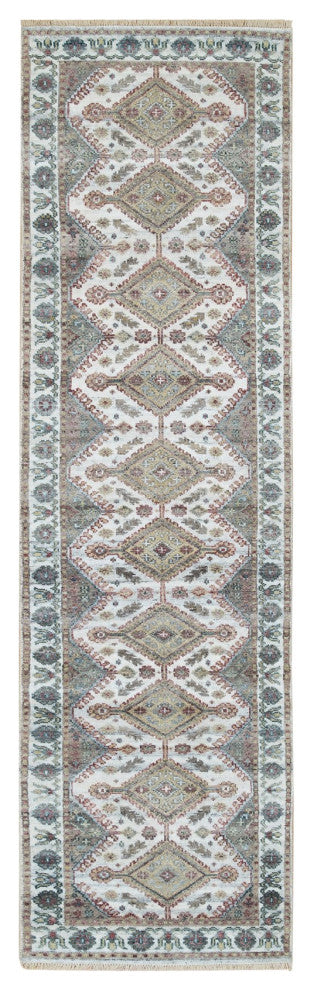 Ivory Wool Shiraz Rosettes Border Runner Hand Knotted Oriental Rug, 2'7"x9'9"