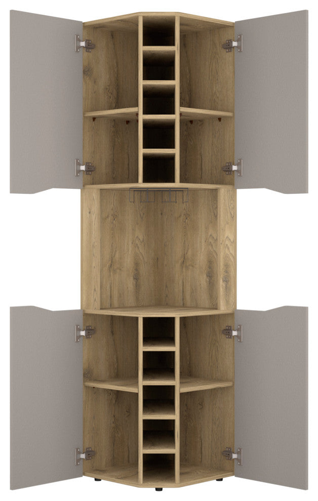 DEPOT E-SHOP Mecca Corner Bar Cabinet, 4 Doors, 8 Shelves, Macadamia/Taupe