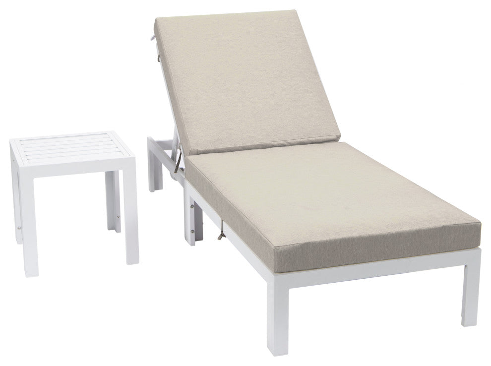 Chelsea White Chaise Lounge Chairs With Side Table, Beige