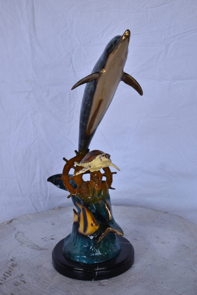 Dolphin with A Turtle, Anchor and Fish Bronze Statue - Size: 6"L x 10"W x 19"H