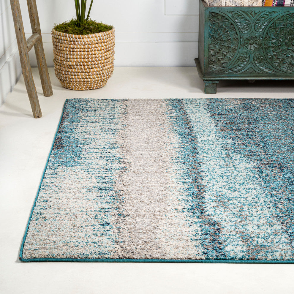 Contemporary POP Modern Abstract Vintage Area Rug, Cream and Turquoise, 8x10