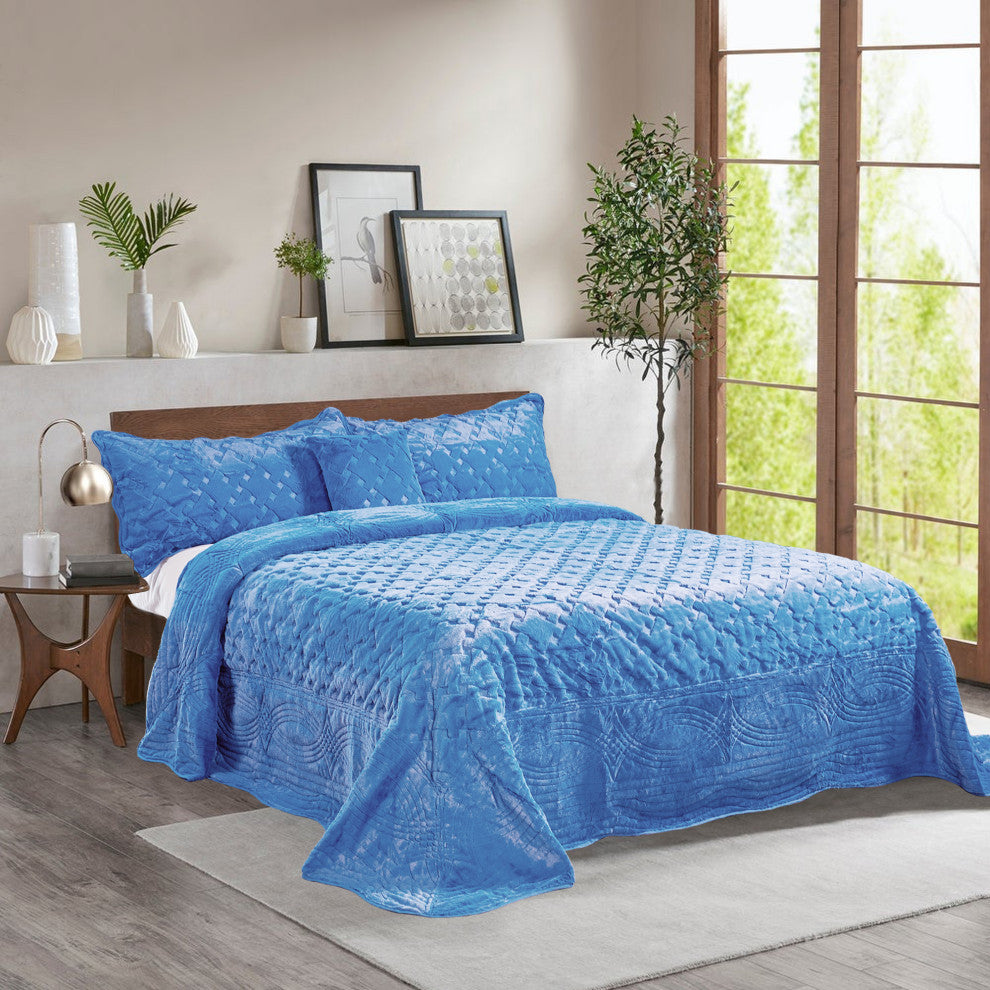 Tatami Quilted Faux Fur Bedspread Set, Palace Blue, Queen
