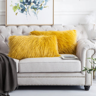 Mongolian Faux Fur Pillow Shell Set, Lemon Curry, 14"x26"