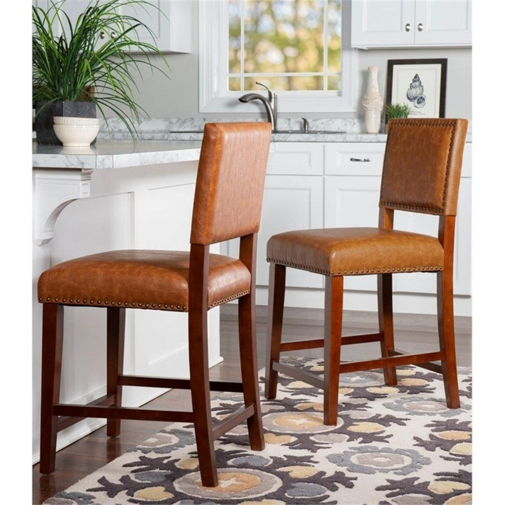 Hawthorne Collections 24" Faux Leather/Wood Counter Stool in Dark Caramel/Walnut