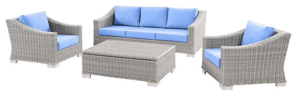 Lounge Sectional Sofa Chair Set, Rattan, Wicker, Gray Blue, Modern, Outdoor