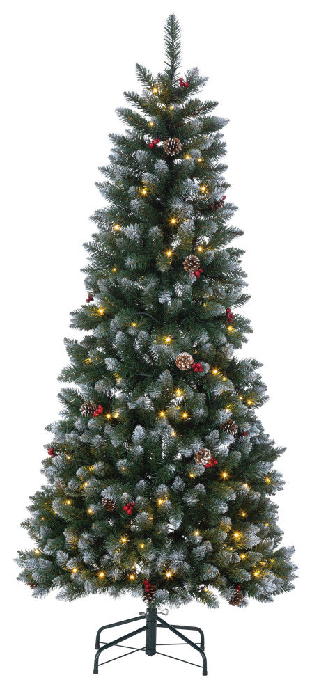Pop-Up 6' LED Flocked Pine Tree, Warm white LED lights, Pine Cones/Red Berries