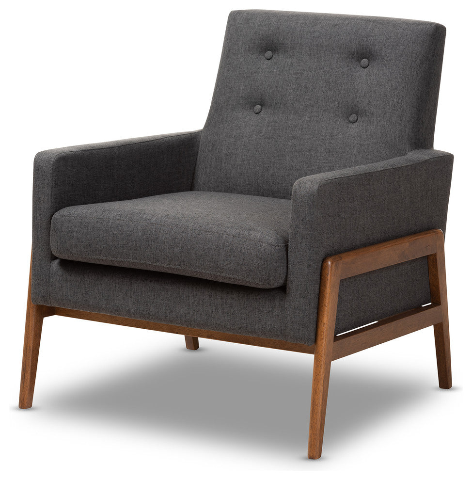 Perris Mid-Century Modern Dark Gray Upholstered Walnut Wood Lounge Chair