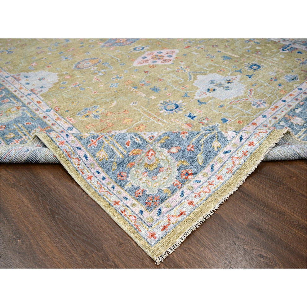 Moss Green Hand Knotted Oushak Supple Organic Wool Oversized Rug 11'11"x14'10"
