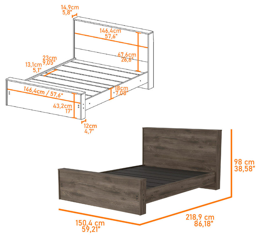 Braga Full Size Bed Base with Headboard, Dark Brown