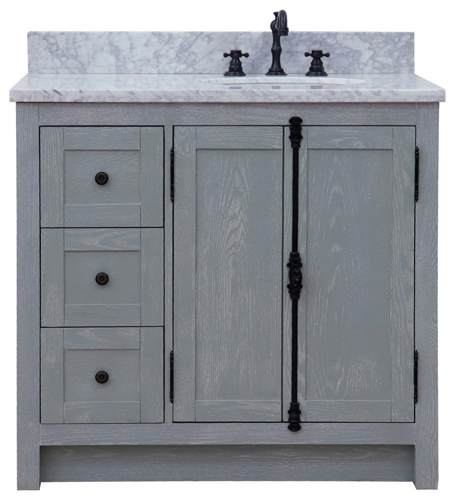 37" Single Vanity, Gray Ash With White Carrara Top, Right Doors/Right Oval Sink