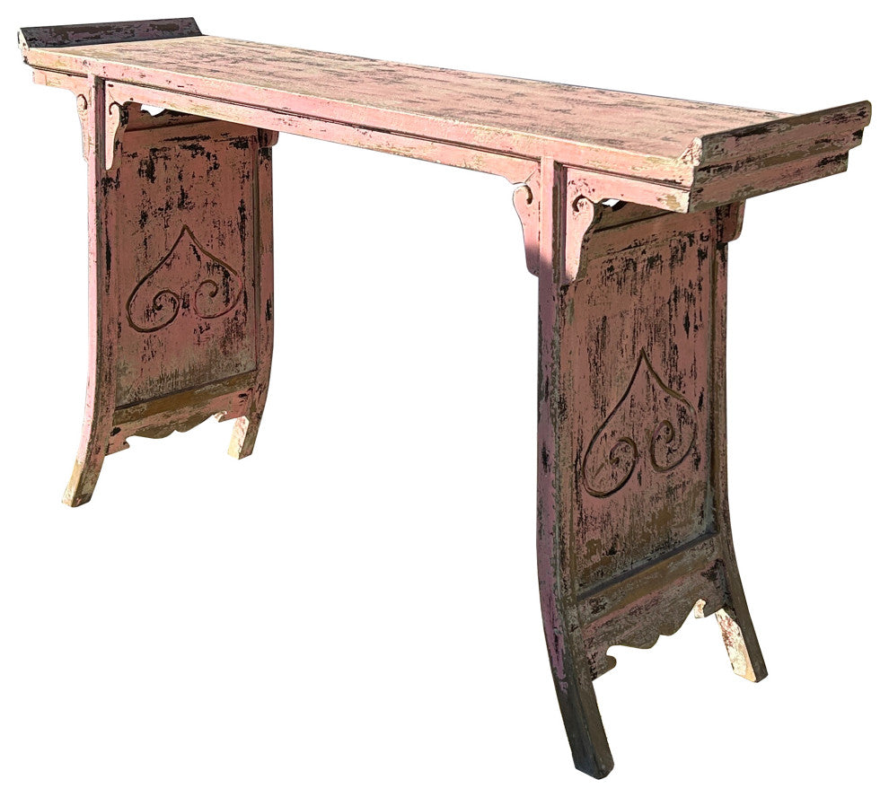 Vintage Chinese Distressed Pink Flare Legs Console Altar Table Hws4390