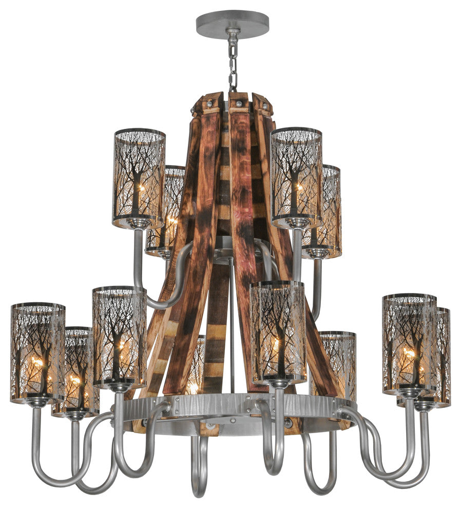 44 Wide Barrel Stave Winter Maple 12 Light Two Tier Chandelier