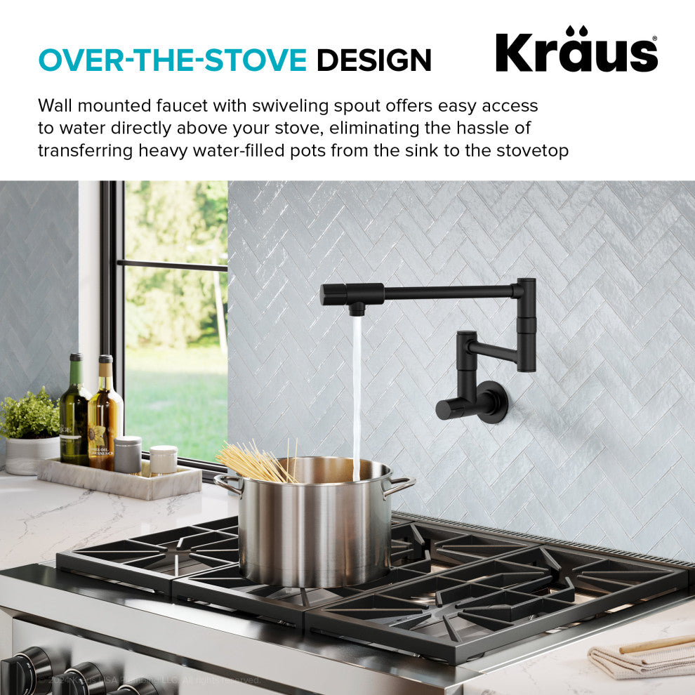 KRAUS Bolden 2 Handle Wall Mount Pot Filler Faucet, Retractable Arm, MB