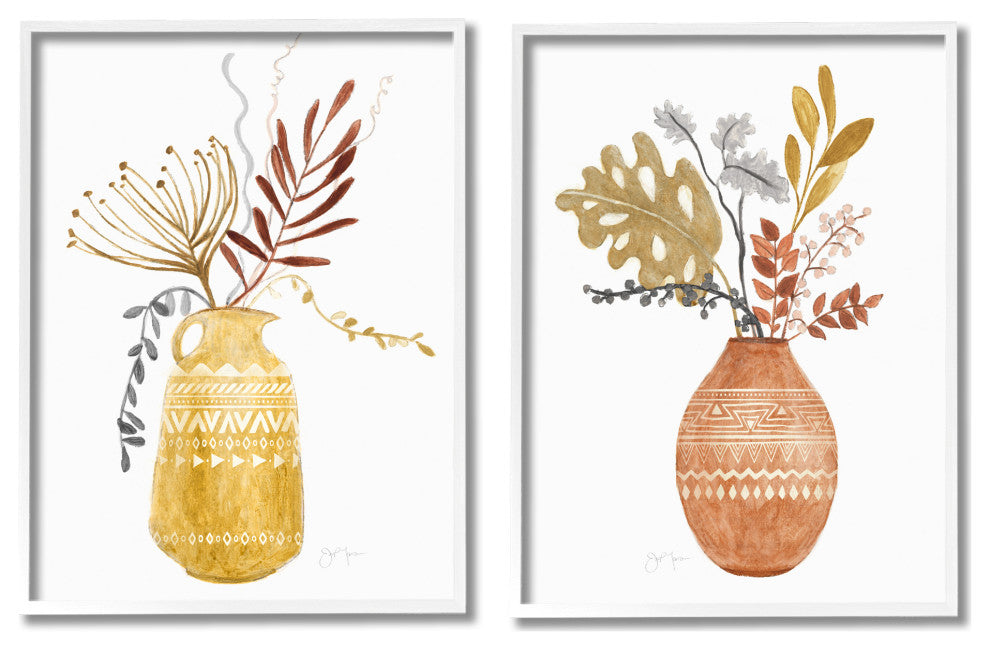 Boho Wildflower Botanical Arrangements Aztec Patterned Vases, 2pc, each 11 x 14