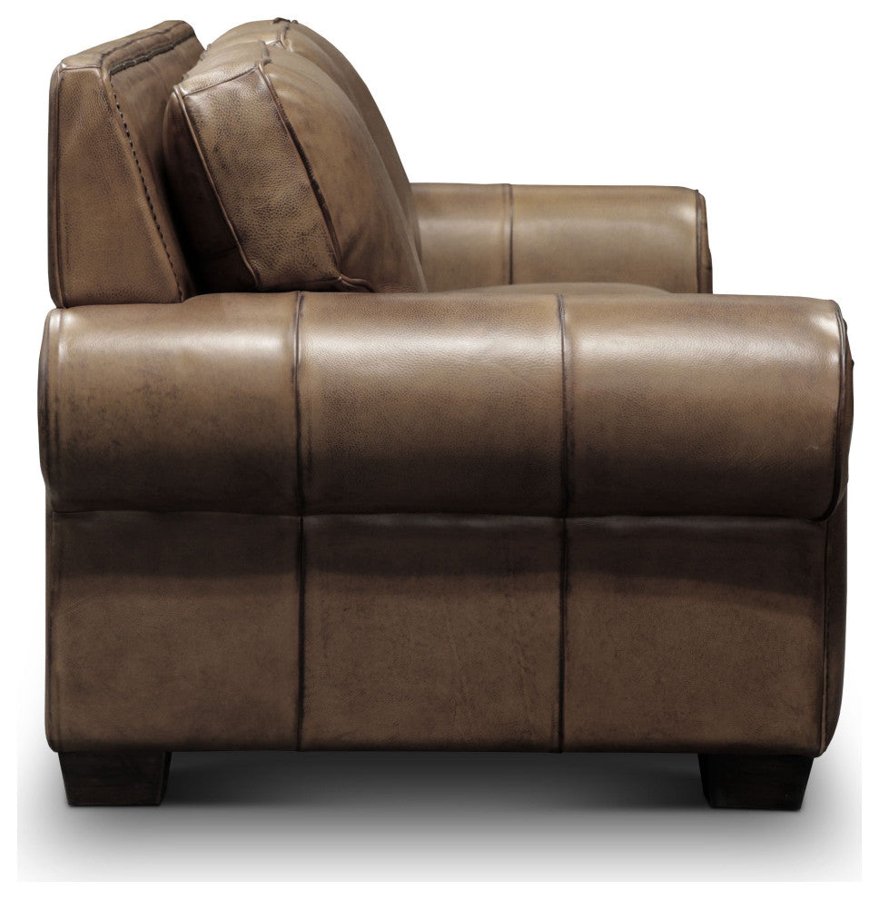 Valencia 100% Top Grain Hand Antiqued Leather Traditional Sofa, Taupe