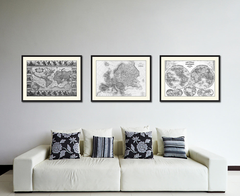 Europe Vintage Map Print On Canvas With Black Custom Frame, 16" X 21"