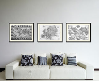 Europe Vintage Map Print On Canvas With Black Custom Frame, 16" X 21"