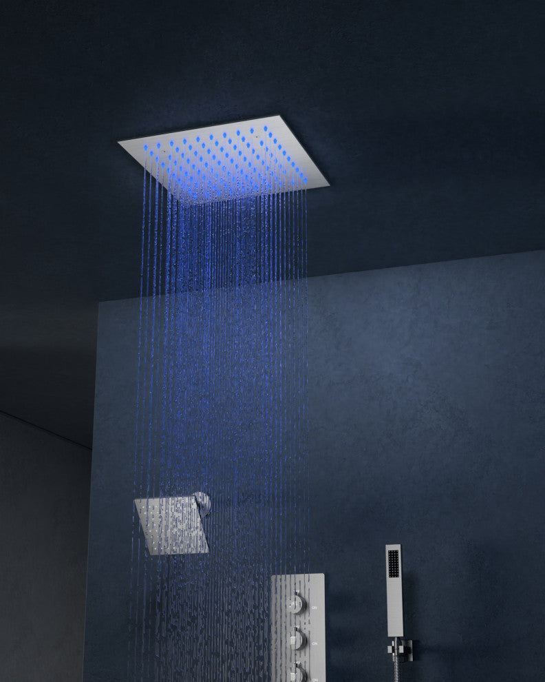 LED Dual Heads 12" Rain Shower System With Thermostatic 3-Way Faucet, Brushed Nickel