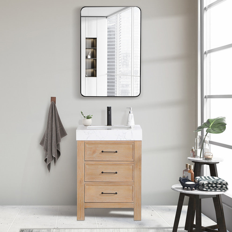 Leon Bath Vanity With Composite Stone Top, Fir Wood Brown, 24", With Mirror
