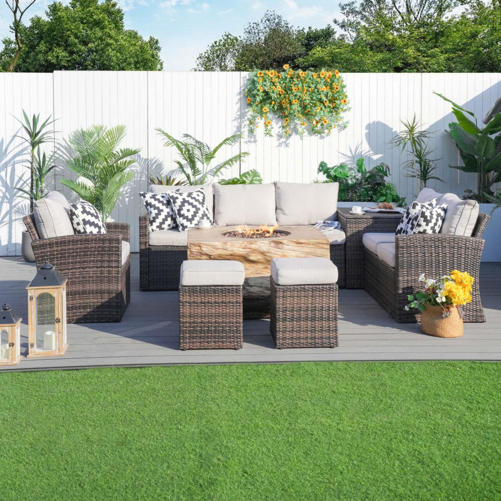 7-piece Patio Wicker Garden Chat Sofa Set with Fire pit and Storage Box, Rectangle