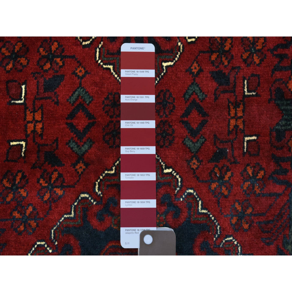 Red Geometric Design Hand Knotted Afghan Khamyab Wool Runner Rug, 3'0"x9'10"