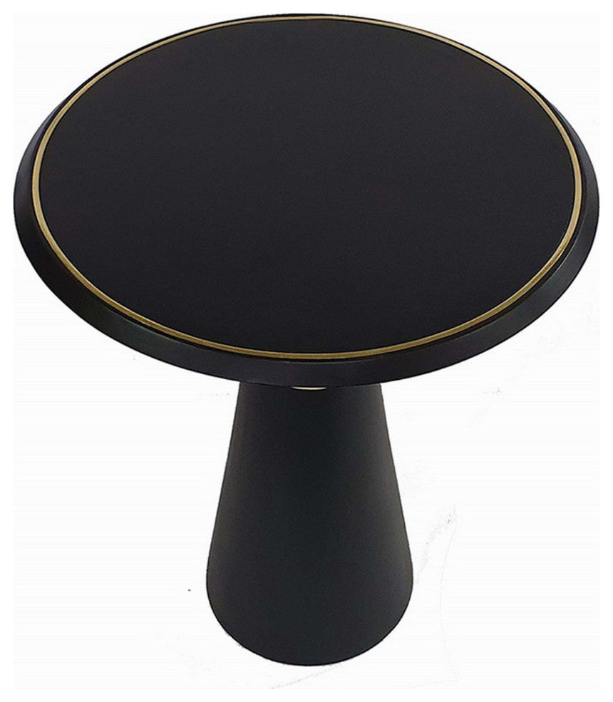 22 Inch Round Mango Wood Side Table, Smooth Brass Accents, Black Finish