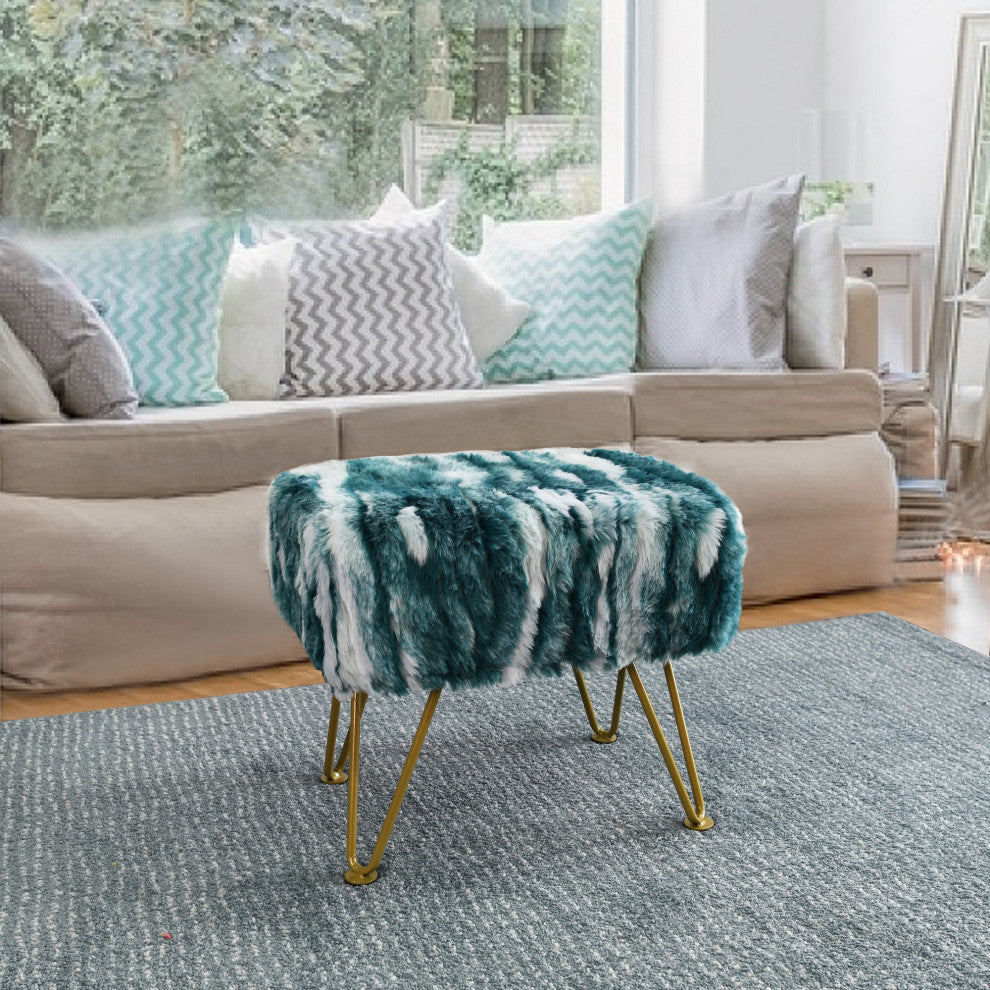 Soft Faux Fur Ottoman Fuzzy Entryway Bench Seat, Deep Teal, 19"x13"x17"