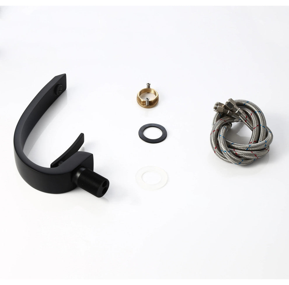 Single Hole 1-Handle Bathroom Sink Faucet Curved Spout with Pop Up Drain, Matte Black