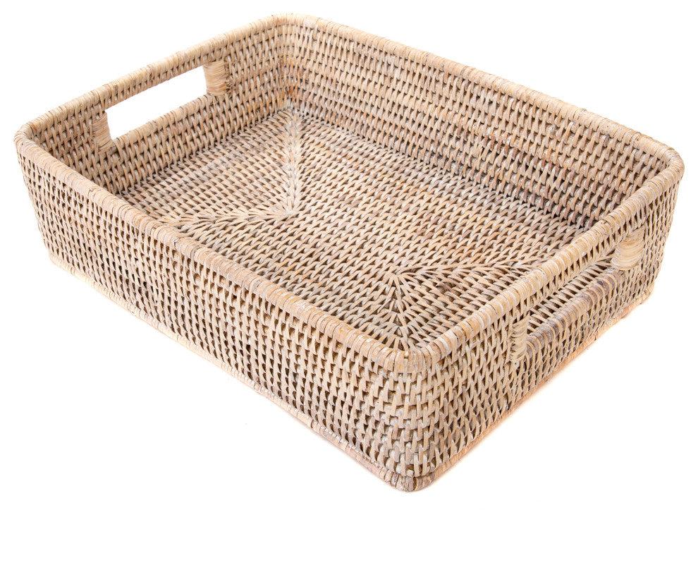 Artifacts Rattan Rectangular Storage Basket With Rounded Corners, White Wash
