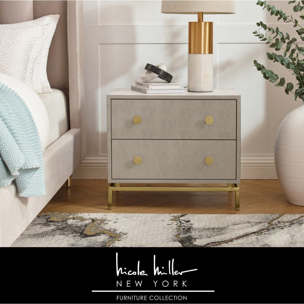 Nicole Miller Aharon Side Table, 2 Drawers, Faux Shagreen, Cream White/Gold