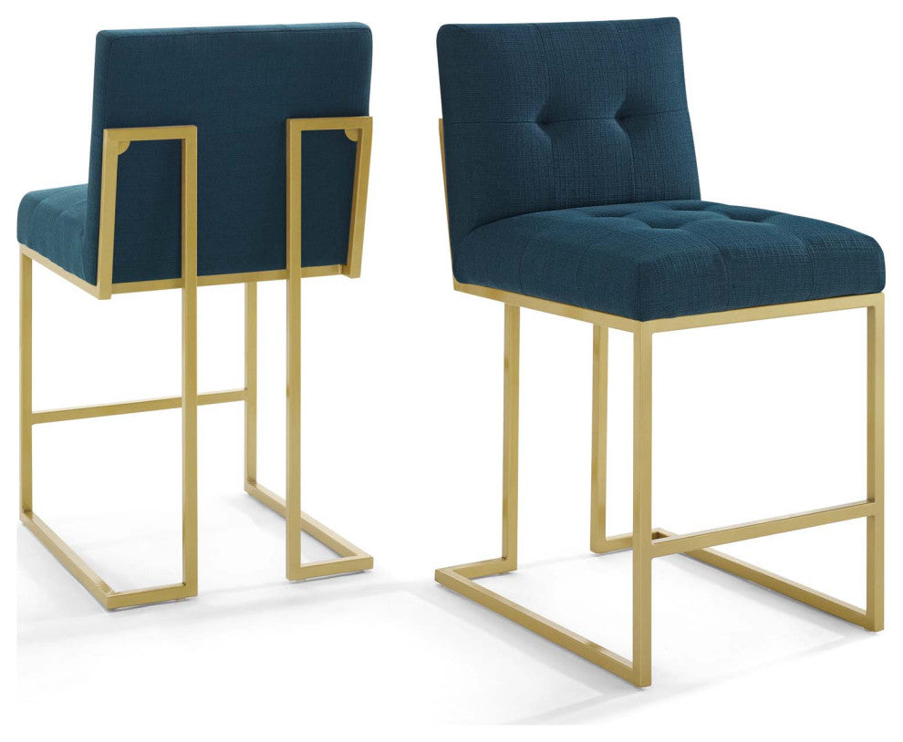 Side Dining Chair, Set of 2, Fabric, Metal, Gold Navy Blue, Modern, Cafe Bistro
