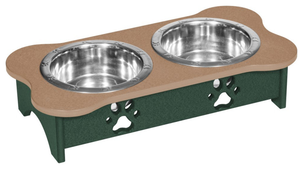 Poly Lumber Double Pet Feeder Stand, Weatherwood and Dark Green, Low - 2 Quart