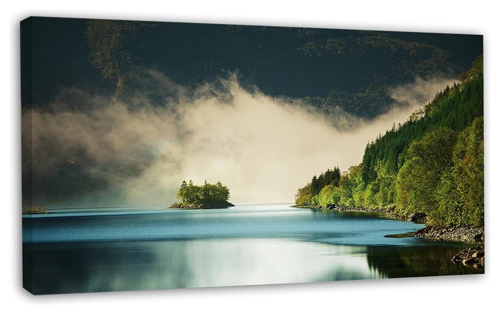 Beautiful Lake By Green Mountains, Extra Large Landscape Canvas Art, 32"x16"